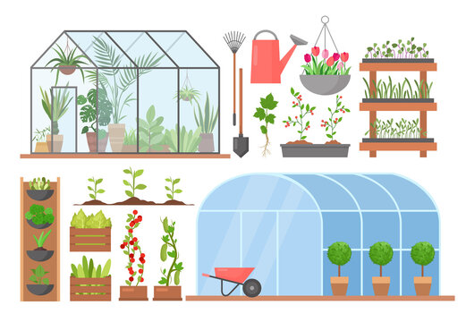 Greenhouse flower plant vegetable cultivation set, cartoon glasshouses for planting