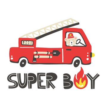 Firefighter print. Fire truck car with lettering. Super boy hand drawn poster, trendy scandinavian style childish collection, textile print and nursery decoration cartoon vector isolated illustration