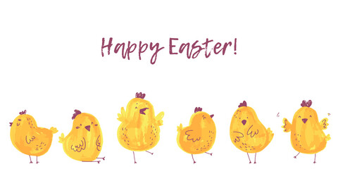 Happy easter horizontal illustration with cute cartoon chicken baby. Funny chick. Hand drawn characters isolate on white background. Vector illustration.