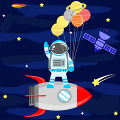 Illustration vector graphic cartoon character of astronaut carrying a planet balloon flying in space by using a spaceship