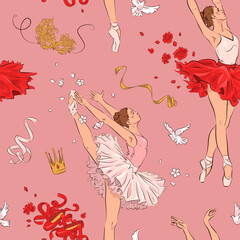 Obraz na płótnie Canvas Seamless pattern with hand drawn ballet school elements. Vector illustration of ballerina, ballet shoes and flowers