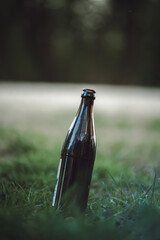 empty bottle of beer in grass