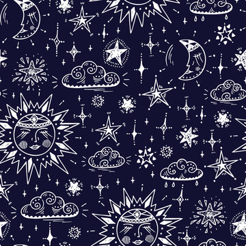 Sky Vector Seamless pattern. Hand Drawn Doodle Sun, Moon (Crescent), Clouds and Stars background