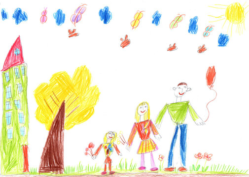 Drawing of a happy family on a walk outdoors. Pencil art in childish style