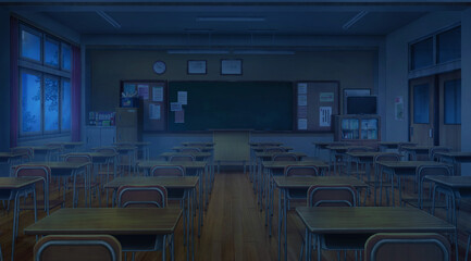 Classroom - Midnight , 2D Anime background , Illustration.	
