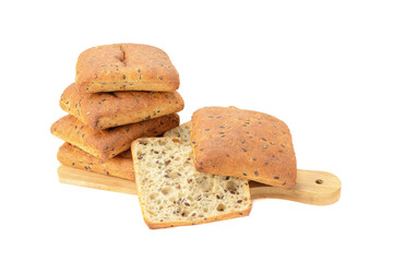 Oatmeal bread with flax seeds is isolated on a white background.Selective focus.