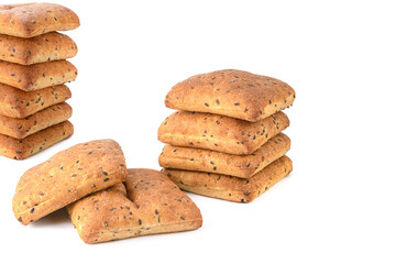Oatmeal bread with flax seeds is isolated on a white background.Selective focus.