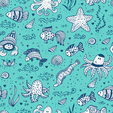 Hand Drawn Doodle Cute Sea Animals Seamless pattern. Various Fish, Octopus, Crab, Starfish - Vector background
