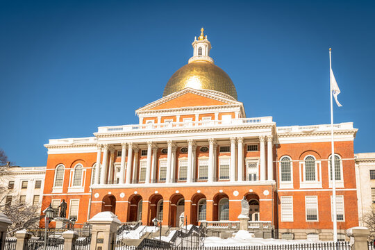 The Massachusetts State House in the snow