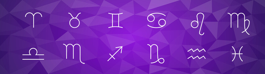 Zodiac signs. Astrological horoscope and prediction of the future. Astral symbols in purple polygon background.