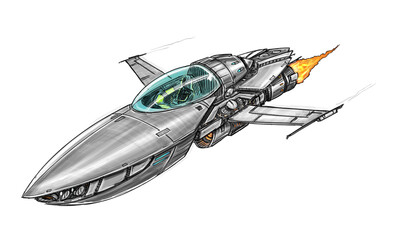 Sci-fi spaceship or spacecraft design, concept art drawing or illustration. Space ship or craft flying on white background.