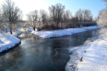 winter view of the confluence of the rivers Ostravice and Lučina, February 15, 2021, Ostrava,...