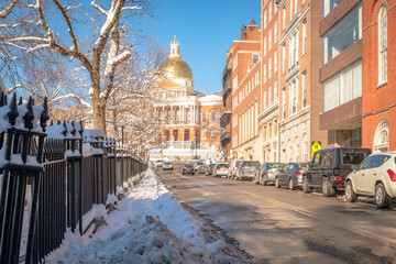 Looking up Park St at the Massachusetts State House