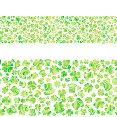 Watercolor green hats and clover leaves on white background. Seamless horizontal border. Isolated on white. Watercolor stock illustration. St.Patrick's day.
