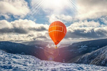 a balloon amid snow in the mountains of Europe. scan from flight altitude.