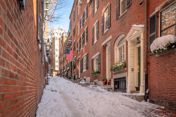 Acorn Street in the snow in Boston, MA
