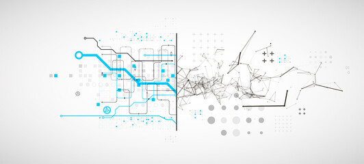 Abstract background on technological and scientific topics. Plexus effect with various techno details with a place under the text. Vector format.