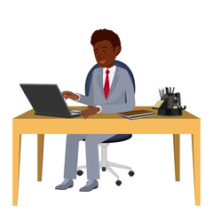 African-American man with a laptop. A person sits at a desk in an office with a laptop and types text. Vector image of a person for animation. Editable strokes. All the details are on separate layers.