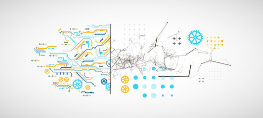 Abstract background on technological and scientific topics. Plexus effect with various techno details with a place under the text. Vector format.