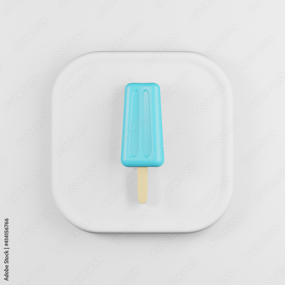 Poster blue ice cream icon. 3d rendering white square button key, interface ui ux element.