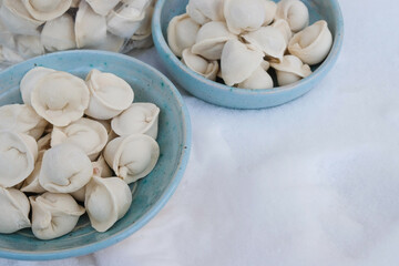 Fototapeta na wymiar Frozen semi-finished products dumplings or pelmeni in blue ceramic bowls in the snow. Frozen food concept. Food delivery and eat at home concept. Copy space. Selective focus.