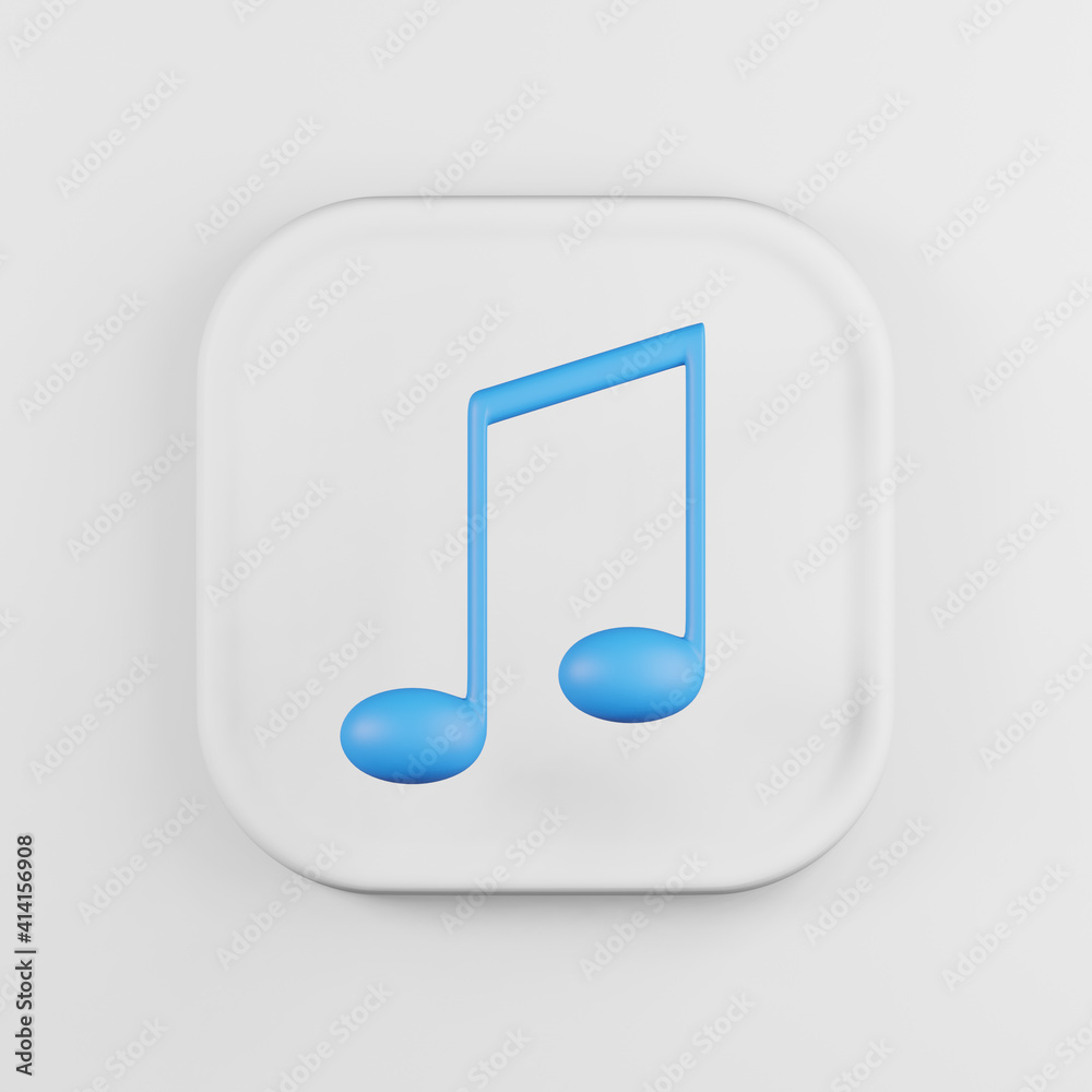 Poster blue musical note icon. 3d rendering white square button key, interface ui ux element.