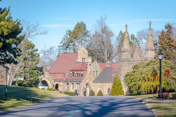 stone buildings at the front gate of a garden cemetery in Boston
