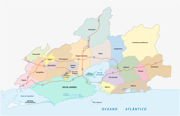 Fototapeta premium Main road and administrative map of Greater Rio de Janeiro, Brazil