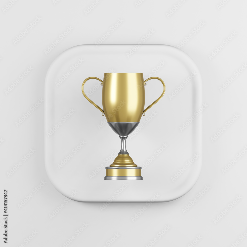 Poster gold trophy cup icon. 3d rendering white square button key, interface ui ux element.