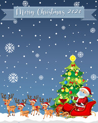 Fototapeta na wymiar Merry Christmas 2020 font logo with Santa Claus cartoon character on sleigh