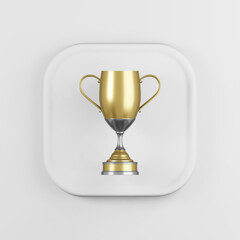 Gold trophy cup icon. 3d rendering white square button key, interface ui ux element.