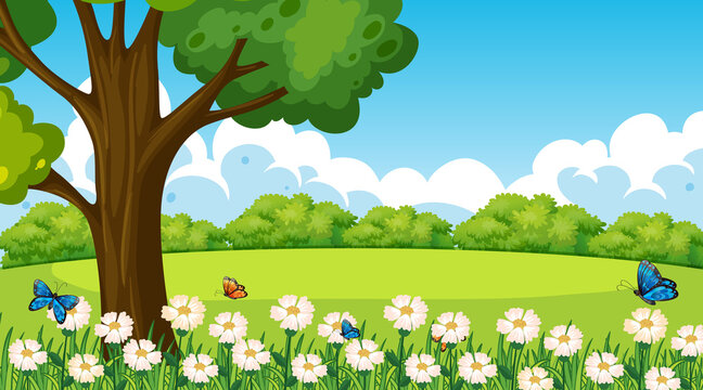 Park outdoor scene with flower field and a big tree