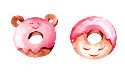 Watercolor illustration of funny donuts with wings. Seamless pattern for textiles. Children's room interior. Cartoon character