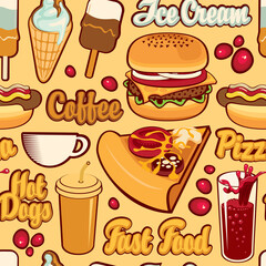 Seamless pattern with drawings and inscriptions in retro style on a yellow backdrop. Vector cartoon background on the theme of fast food with pizza, burger, ice cream, coffee, cola, hot dog