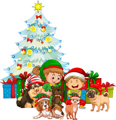 Group of children with their dog wearing Christmas costume on white background
