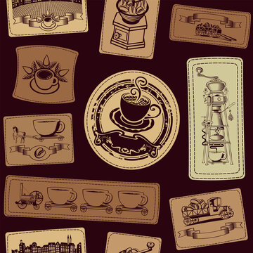 Vector seamless pattern on the coffee theme with various coffee illustrations on leather or fabric patches on a brown background. Suitable for wallpaper, wrapping paper or fabric in retro style