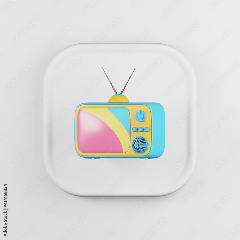 Poster vintage color tv icon. 3d rendering white square button key, interface ui ux element.