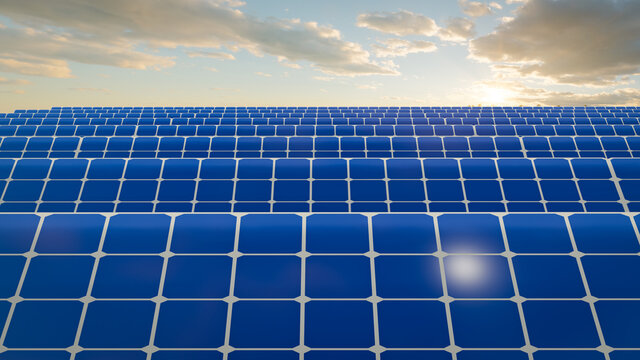 Solar Panels on the Green Fields Under Bright Sun 3d rendering