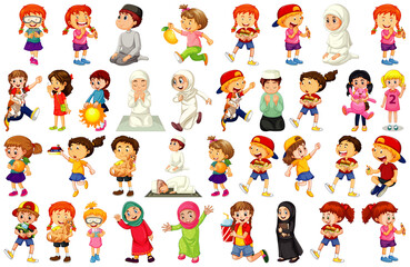 Children doing different activities cartoon character set on white background