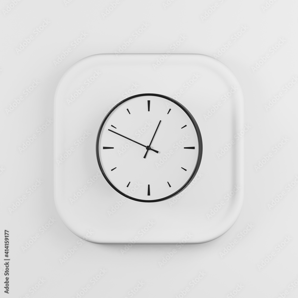 Poster round wall clock icon. 3d rendering white square button key, interface ui ux element.