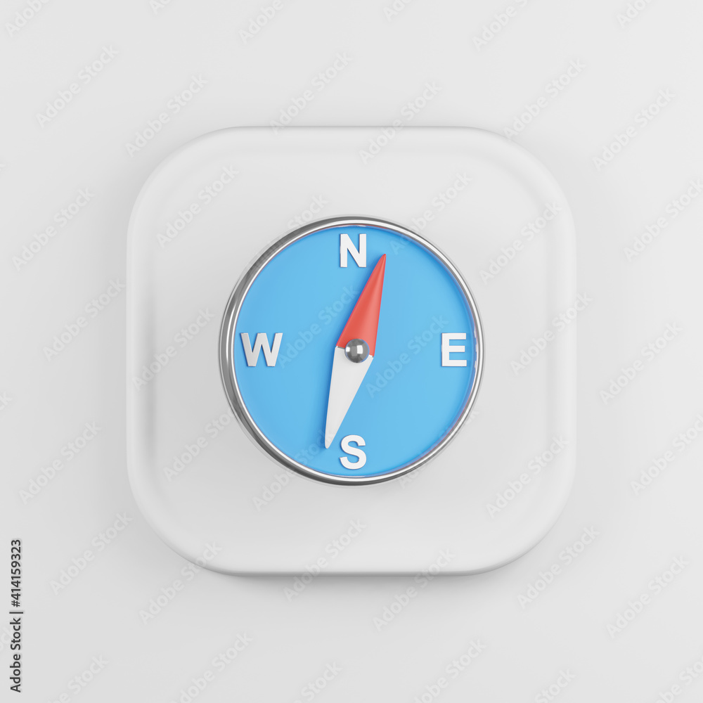 Poster compass icon with blue dial. 3d rendering white square button key, interface ui ux element.