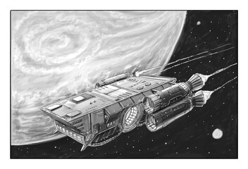 Sci-fi spaceship or spacecraft design, concept art illustration. Space ship or craft flying near planet. Black and white drawing. © Zdenek Sasek