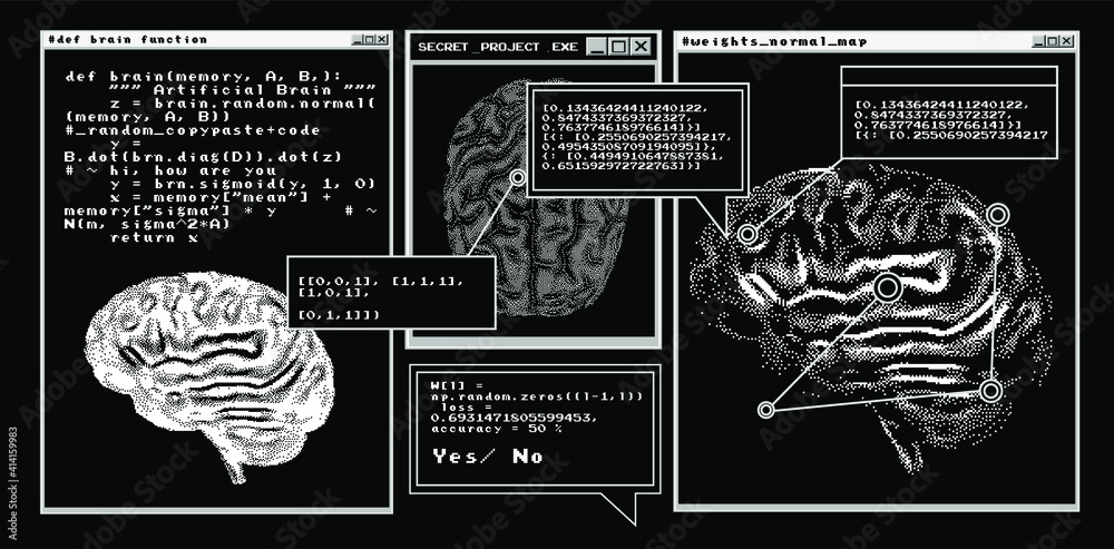 Poster Futuristic sci-fi user interface with research data, Magnetic resonance imaging of the Human brain. HUD UI with callout bar labels, information boxes, digital data charts.