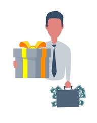 Obraz premium Businessman or clerk holding a suitcase with money and a gift box. Male character in simple style with objects, flat vector illustration. Business concept. Isolated on white background.