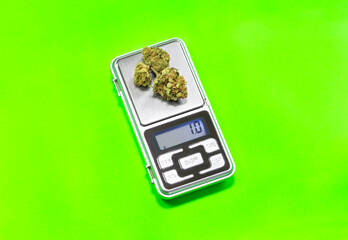 One gram of cannabis buds on digital scale isolate on green background. Weighing marijuana with digital weight.