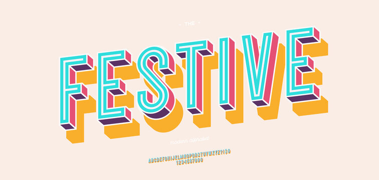 Vector festive font 3d bold colorful style modern typography for infographics, motion graphics, video, promotion, decoration, logotype, party poster, t shirt, book, animation, banner, game. 10 eps