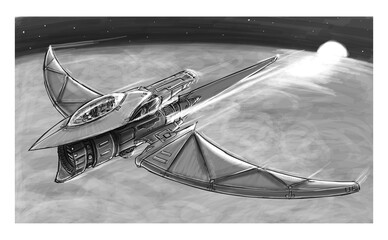 Sci-fi spaceship or spacecraft design, concept art illustration. Space ship or craft flying over planet. Black and white drawing. © Zdenek Sasek