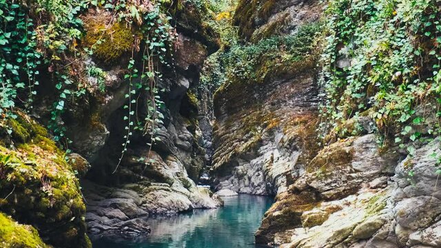 River and canyon. Vertical panorama of the river of Khosta and its canyon. Sochi, Russia