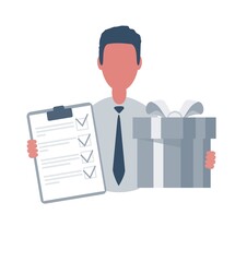 Obraz premium Businessman or clerk holding a questionnaire and a gift box. Male character in simple style with objects, flat vector illustration. Business concept. Isolated on white background.