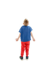 Back view of young boy confusing. Shocked little boy with hands up. Isolated on white background 
